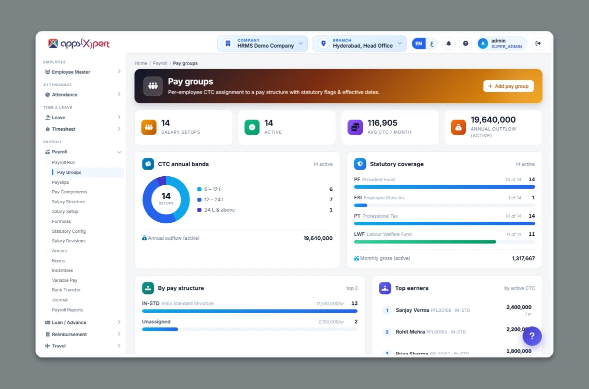 HRMS payroll pay groups in ALA ERP