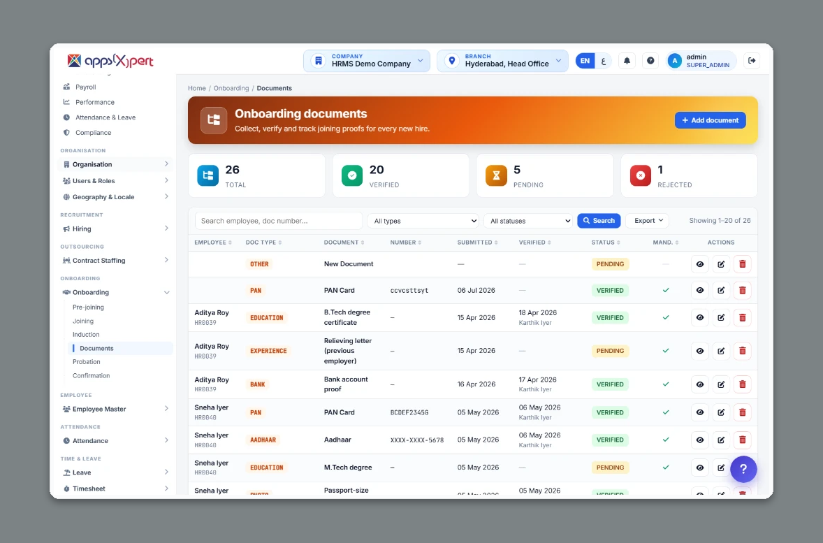 ALA HRMS onboarding documents - collect, verify and track joining proofs for every new hire