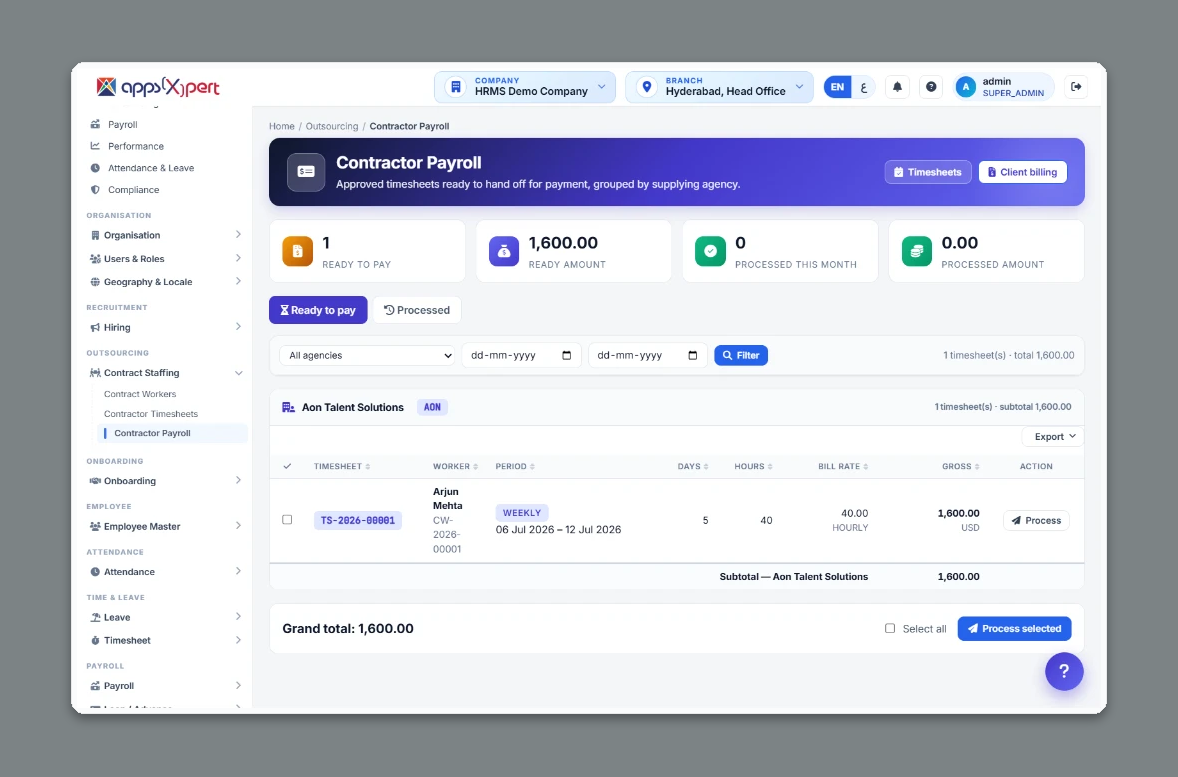 ALA HRMS contractor payroll - approved timesheets ready for payment, grouped by supplying agency