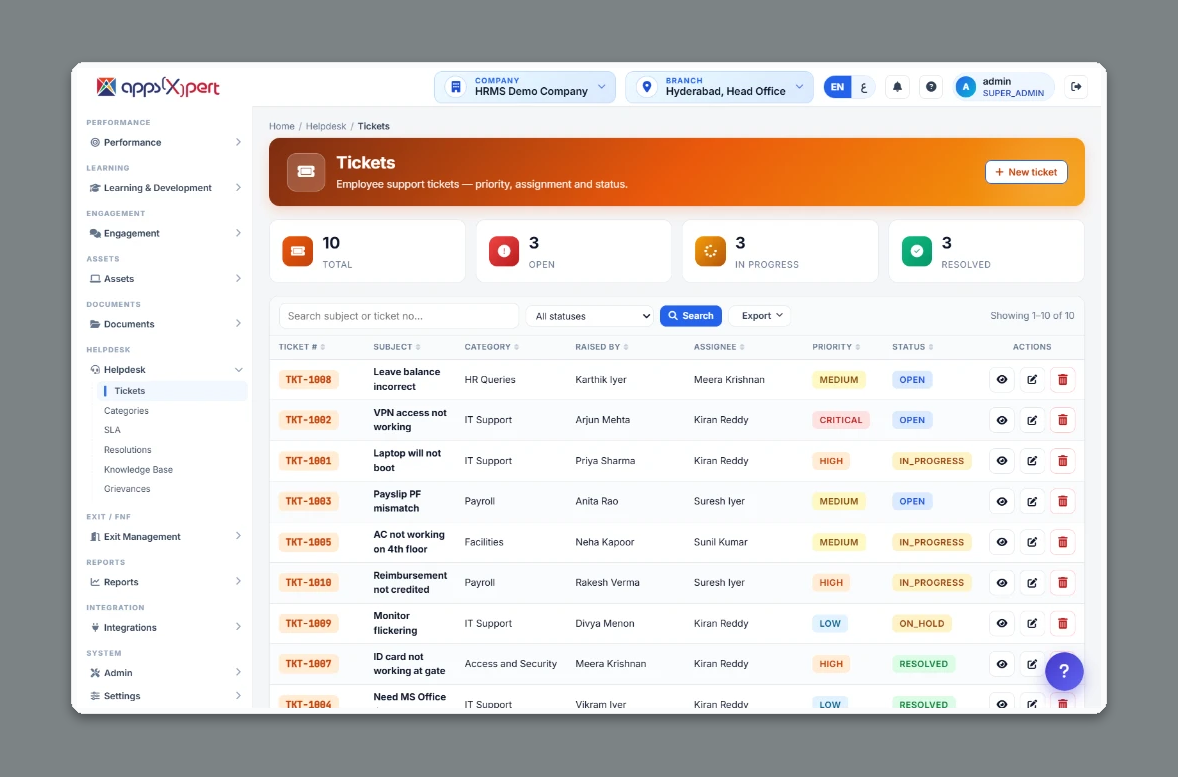 ALA HRMS helpdesk - employee support tickets with priority, assignment and status