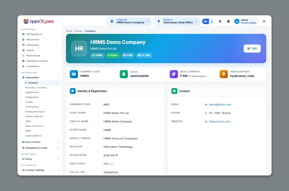 Company Master screen in ALA HRMS