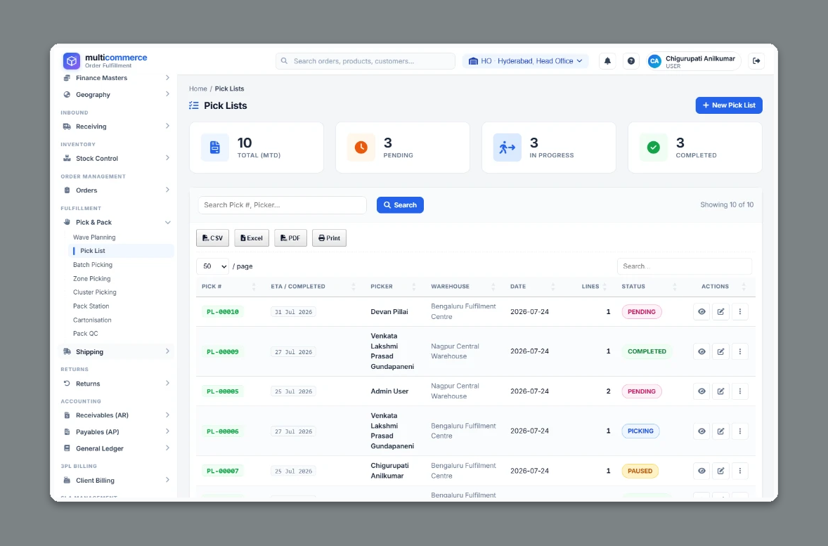 ALA 3PL pick lists - wave picking tasks by picker, warehouse and status