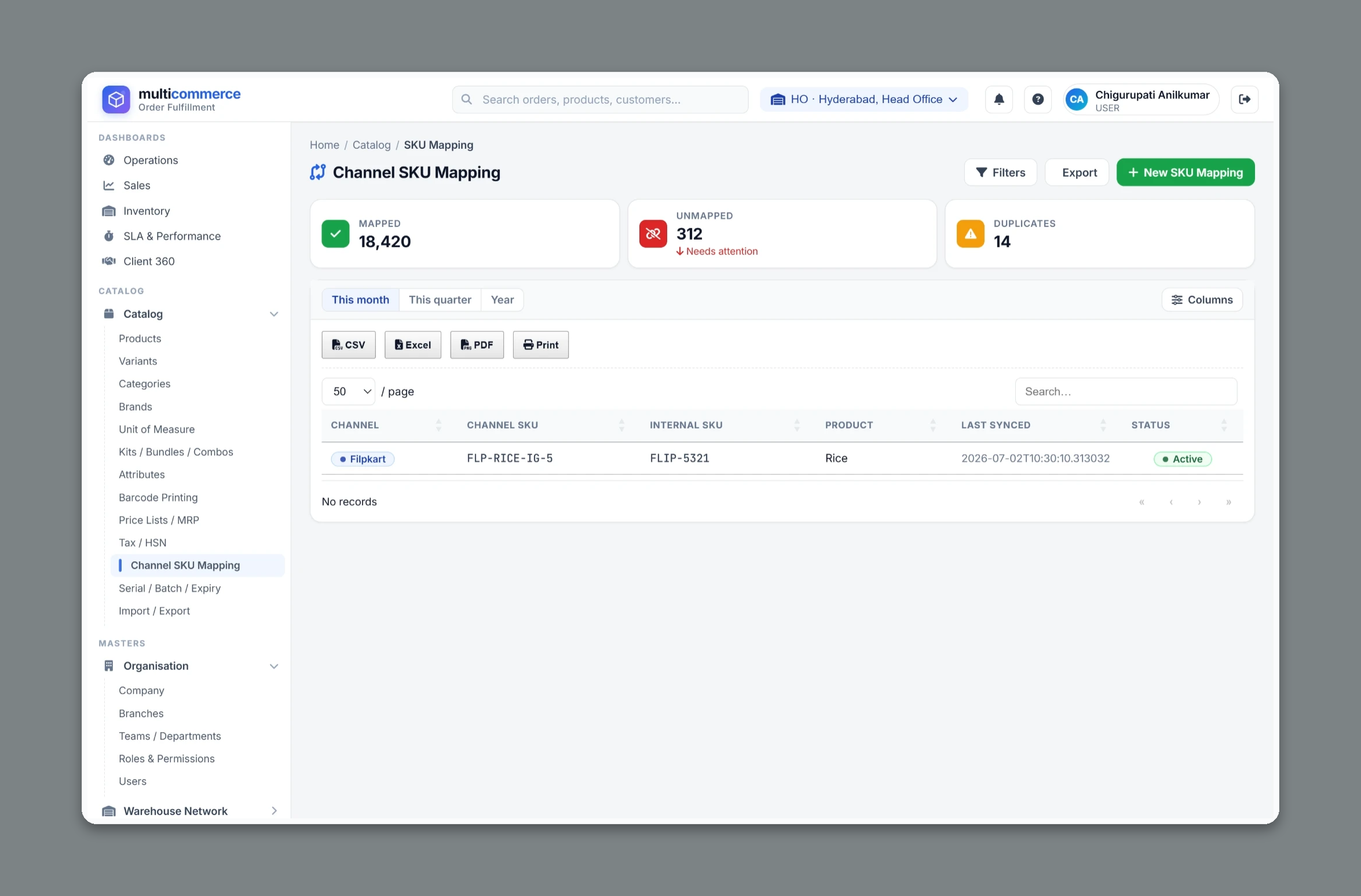 ALA 3PL multi-channel integrations - marketplace channel SKU mapping and sync status