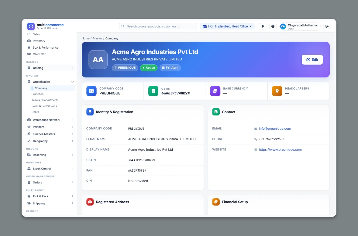 Company Master screen in the ALA platform