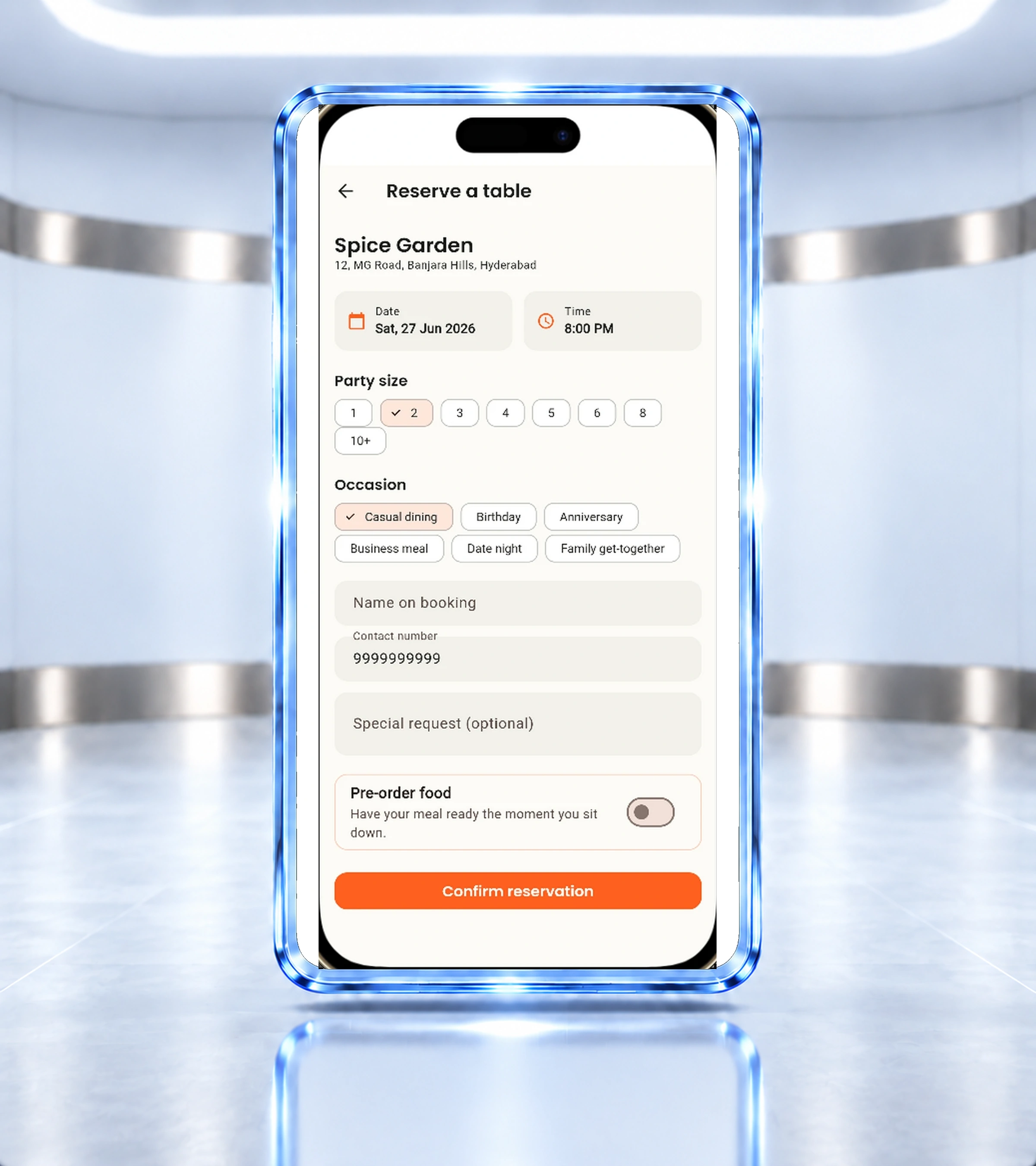 Savora table reservation screen
