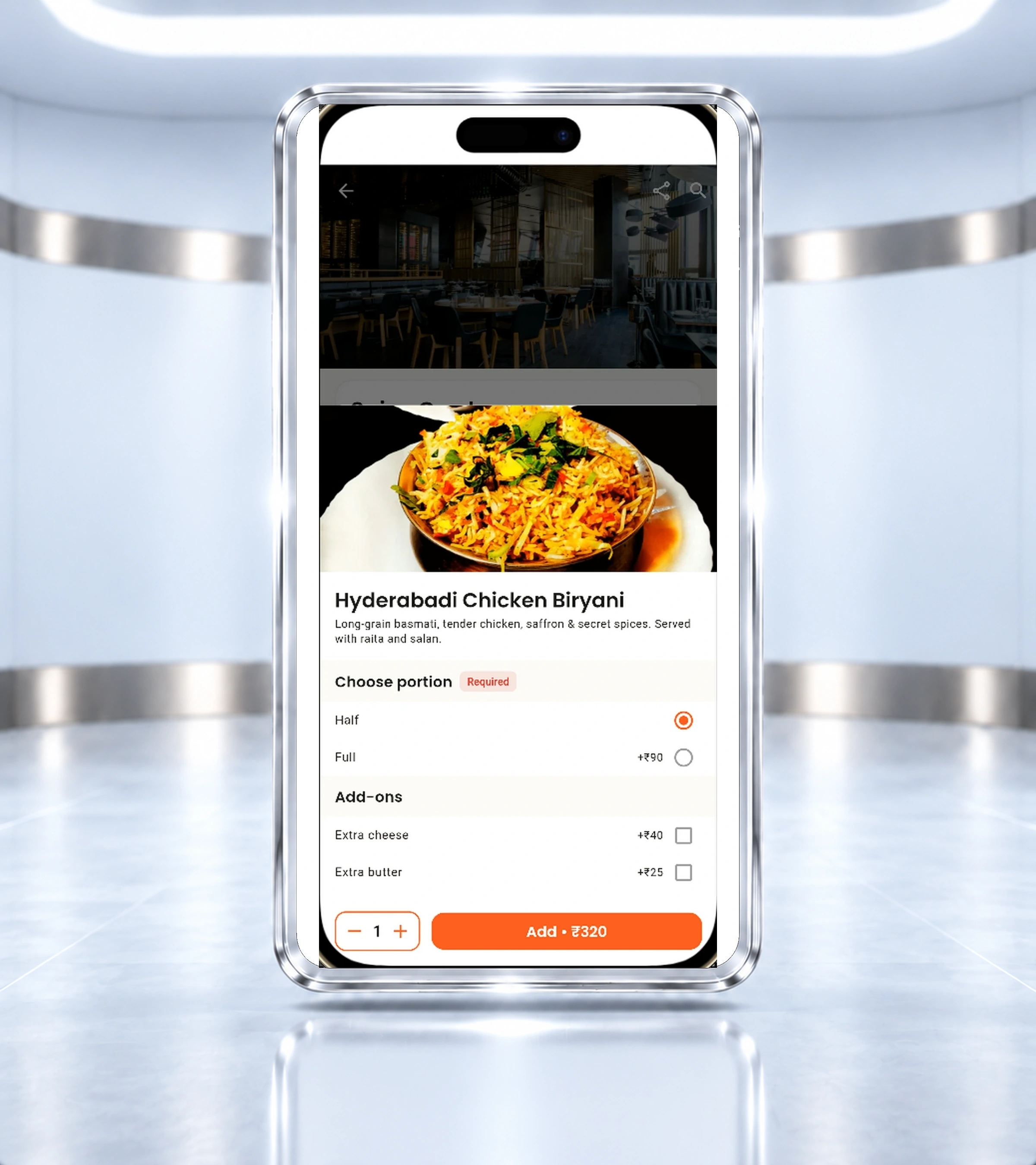 Savora dish customisation screen