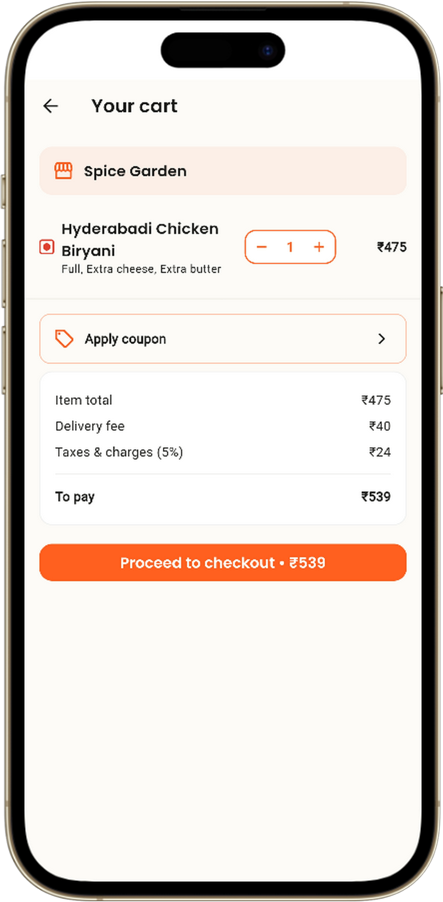 Savora cart and checkout screen