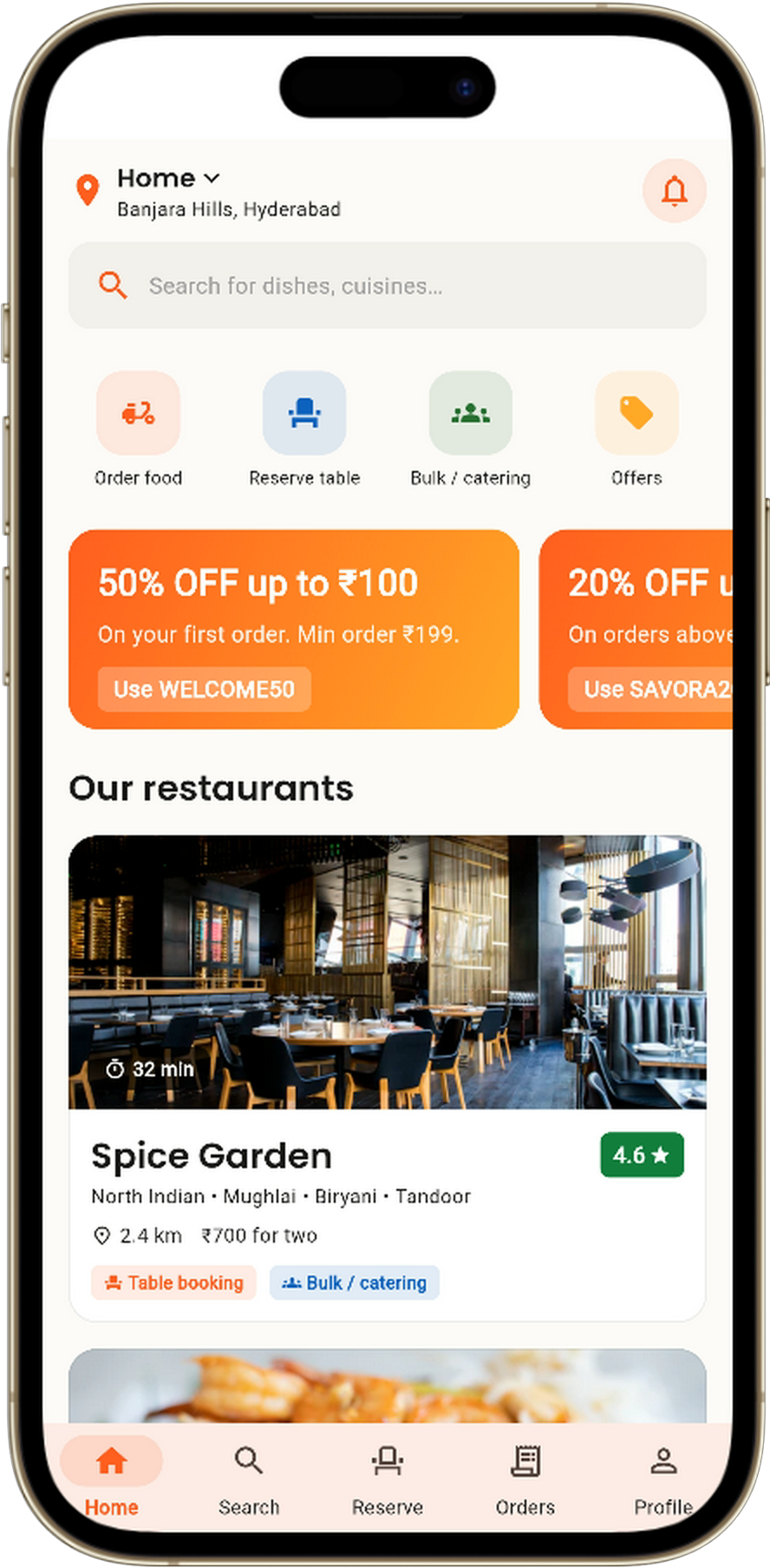 Savora restaurant ordering home screen