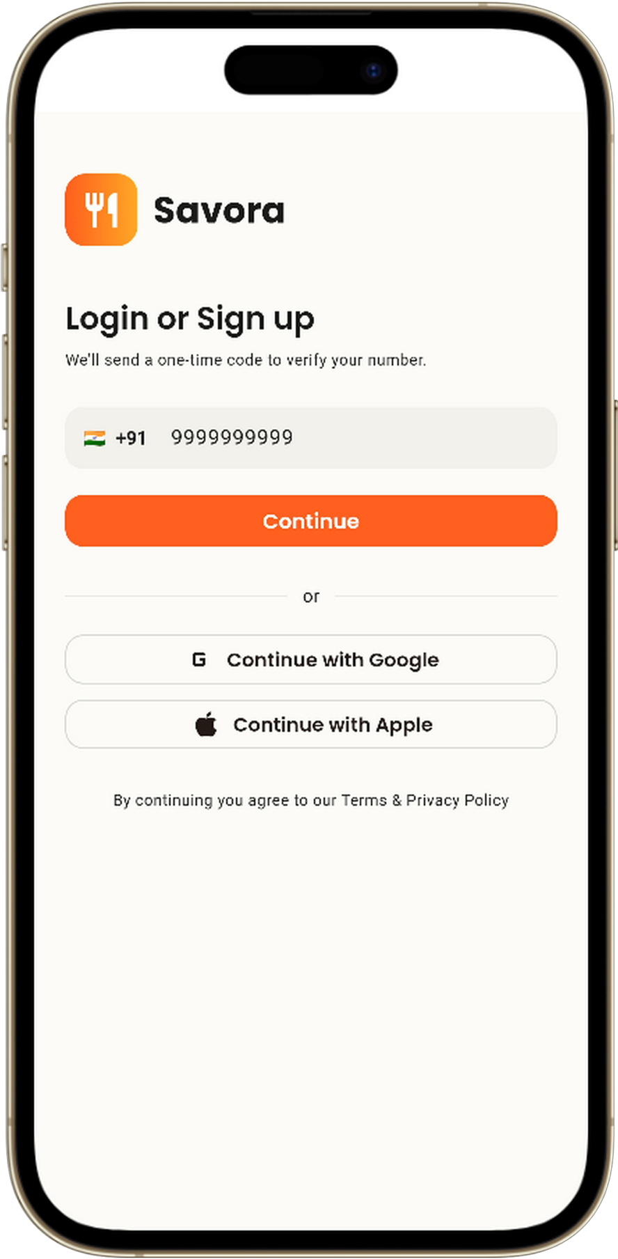 Savora login screen