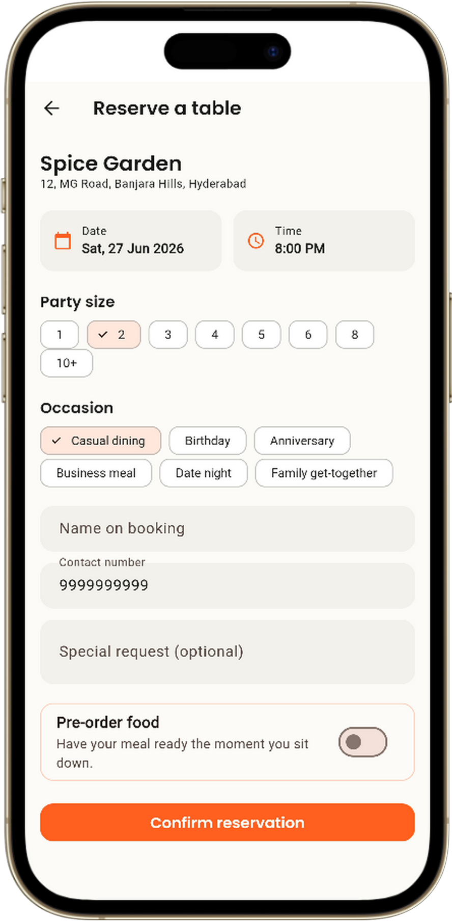 Savora table reservation screen
