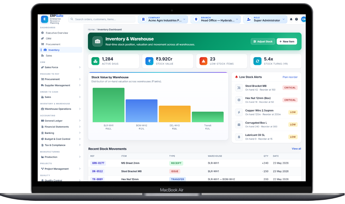 AppsXpert Ala ERP inventory and warehouse dashboard on laptop