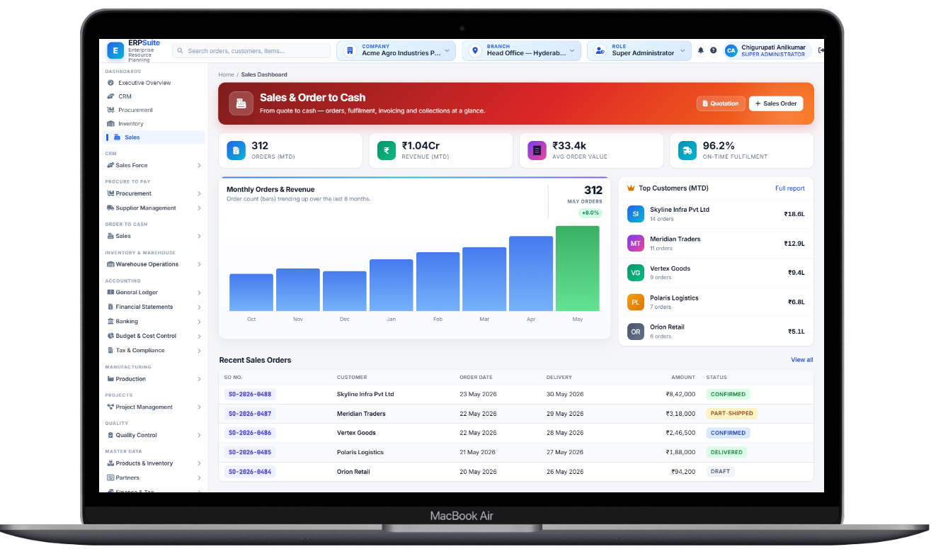 AppsXpert Ala ERP sales and order-to-cash dashboard on laptop