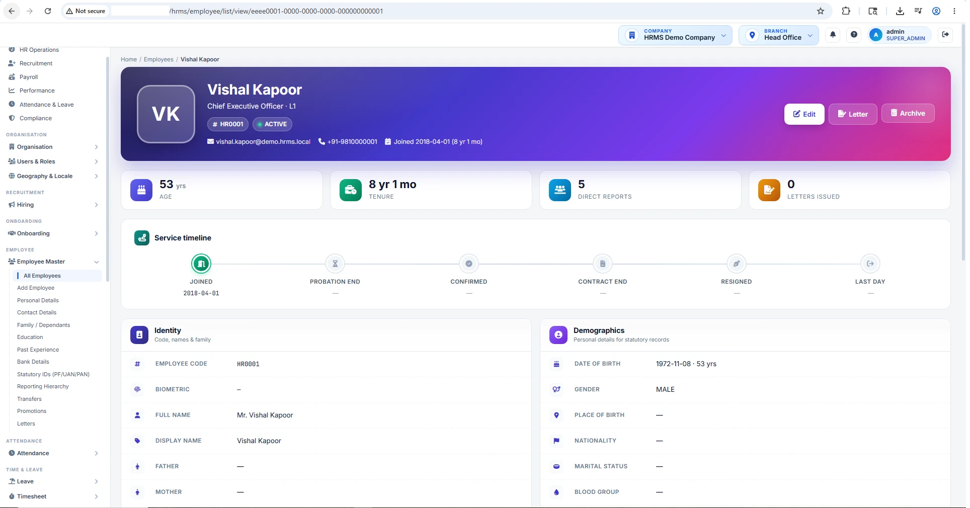 HRMS employee management software profile screen