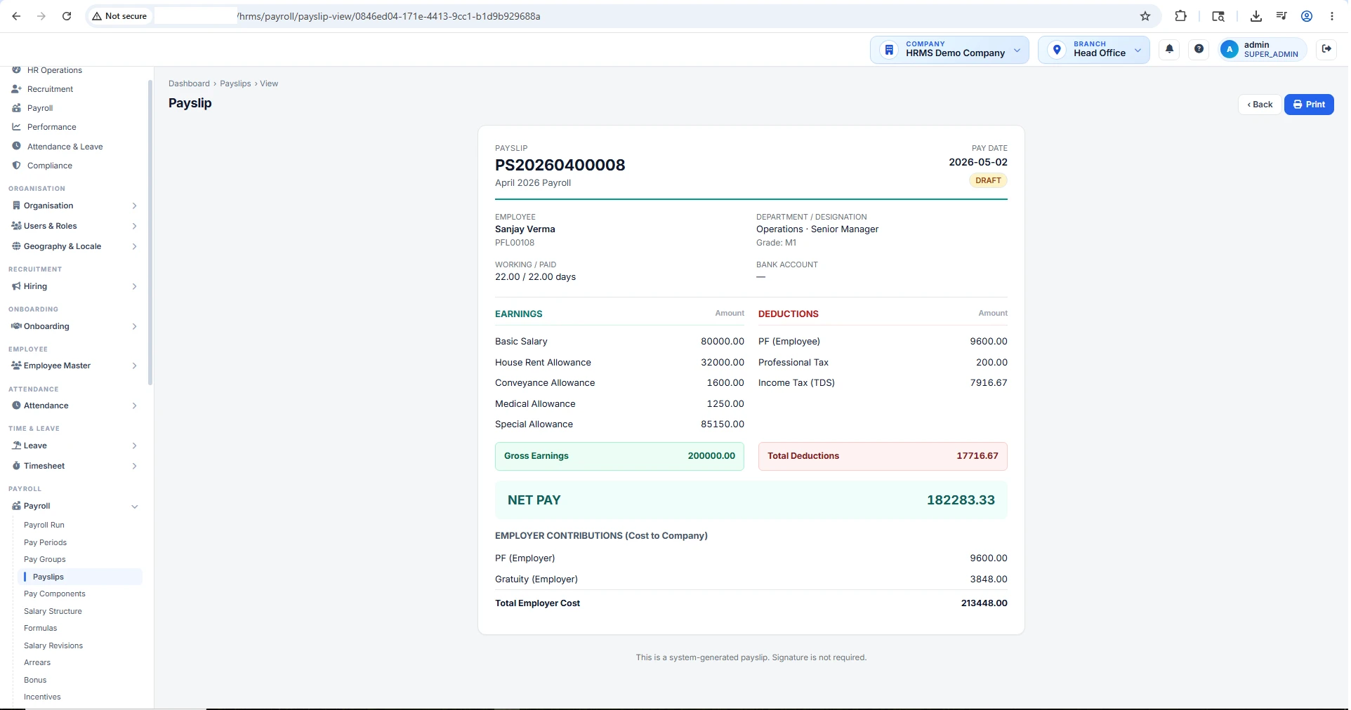 HRMS payroll software payslip generation screen