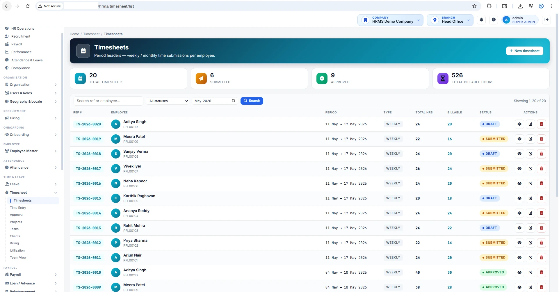 HRMS timesheet and project tracking software