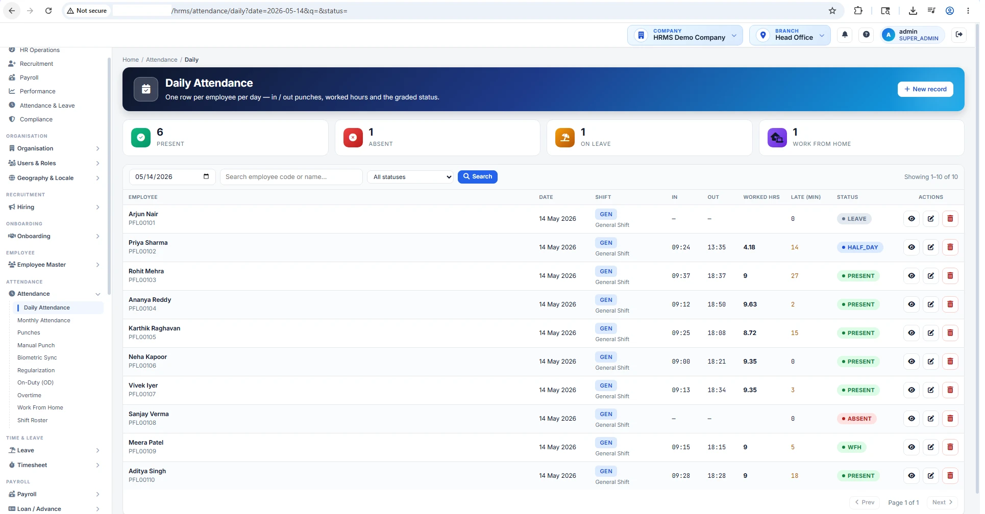 HRMS attendance management system daily tracker